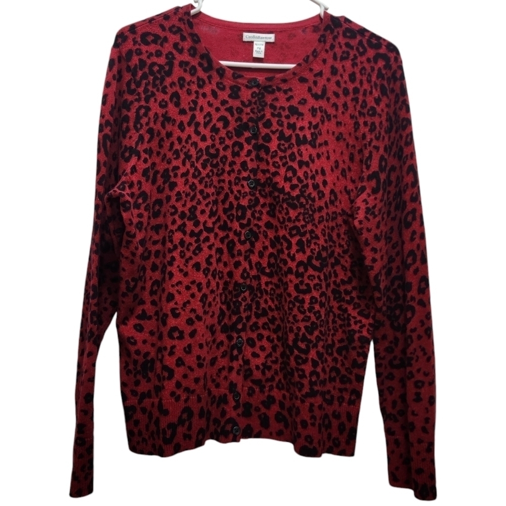 Croft & Barrow Red Black Animal Print Button Up Cardigan Cotton Petite Size PM